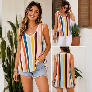 LuLaRoe Kristina Tank Top XL Multicolor Vertical Stripe Ribbed V-Neck Swing